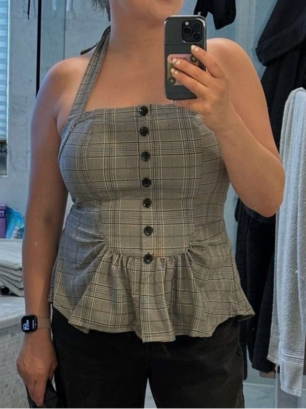 Free People Plaid Halter Peplum Button-Front Top - Gray